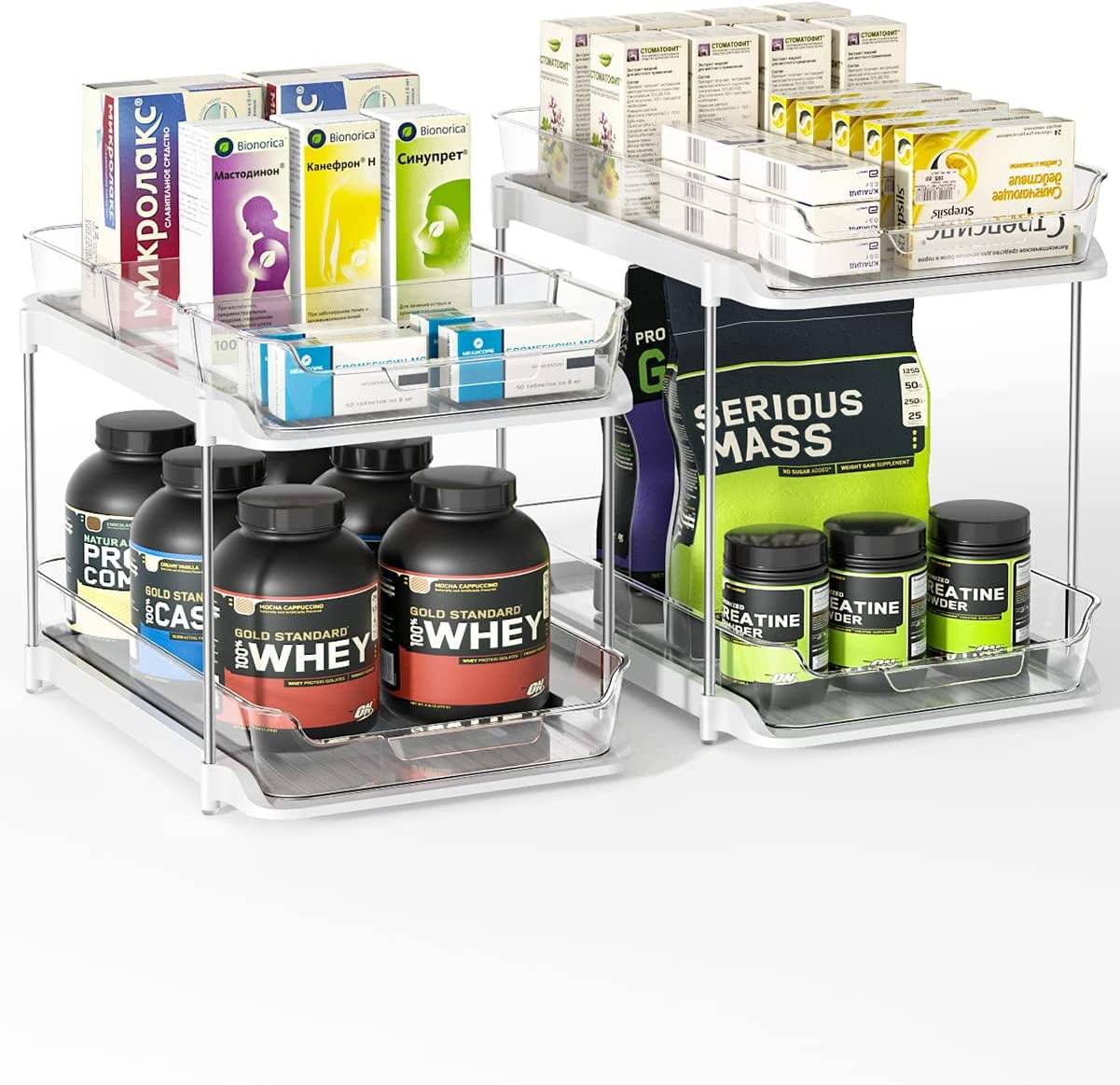 Maximize Your Space with the 2 Pack Under Sink Organizers - 2 Tier Sliding Storage Solution for Kitchen and Bathroom