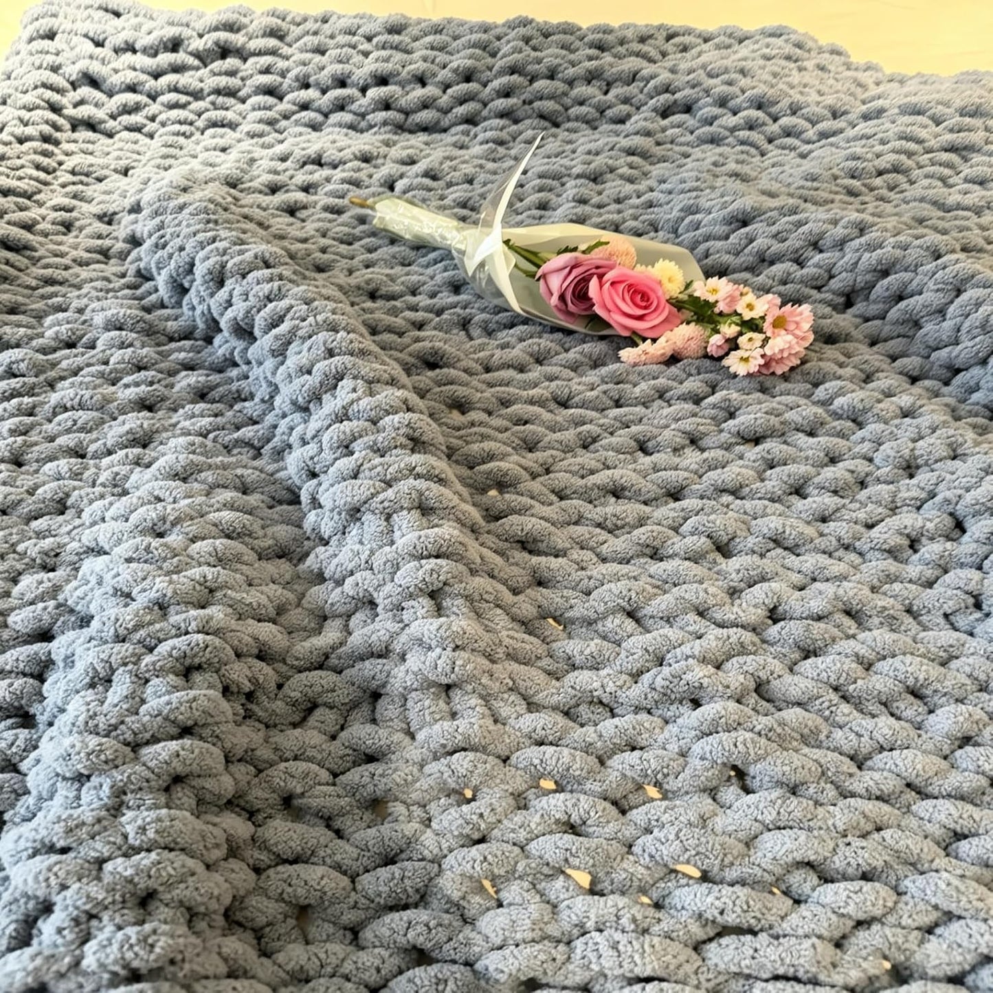 Luxurious Airy Blue Chunky Knit Throw Blanket - Cozy Handcrafted Chenille Decor for Home, Perfect for Couch, Chair, and Bed