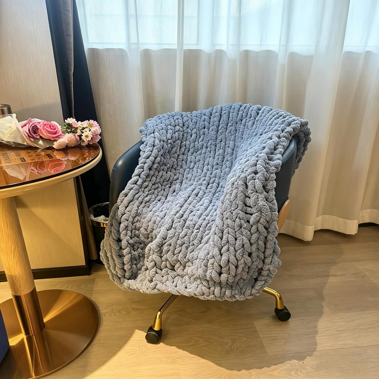 Luxurious Airy Blue Chunky Knit Throw Blanket - Cozy Handcrafted Chenille Decor for Home, Perfect for Couch, Chair, and Bed