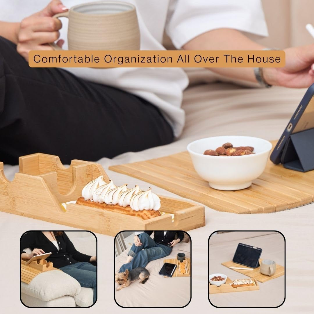 Stylish Bamboo Sofa Arm Table with Versatile Removable Tray and Convenient Cup Holder