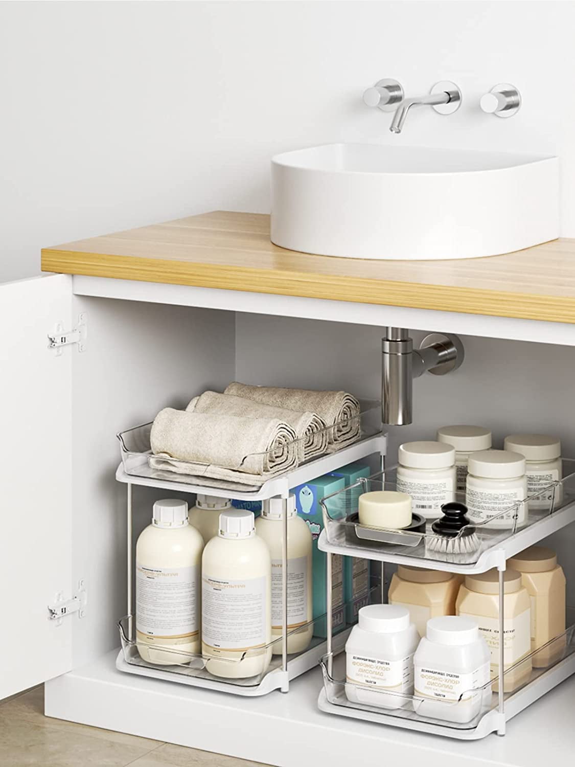 Maximize Your Space with the 2 Pack Under Sink Organizers - 2 Tier Sliding Storage Solution for Kitchen and Bathroom