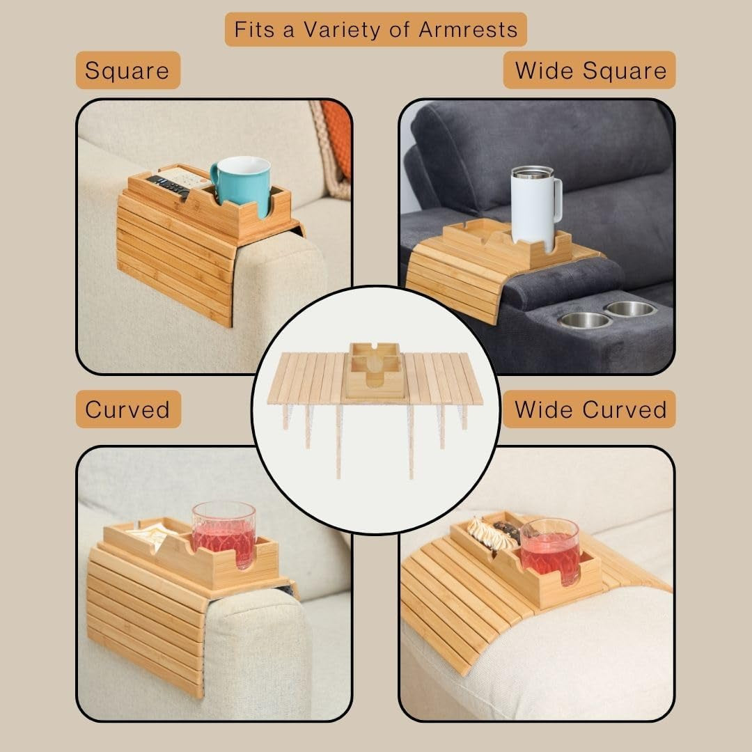 Stylish Bamboo Sofa Arm Table with Versatile Removable Tray and Convenient Cup Holder