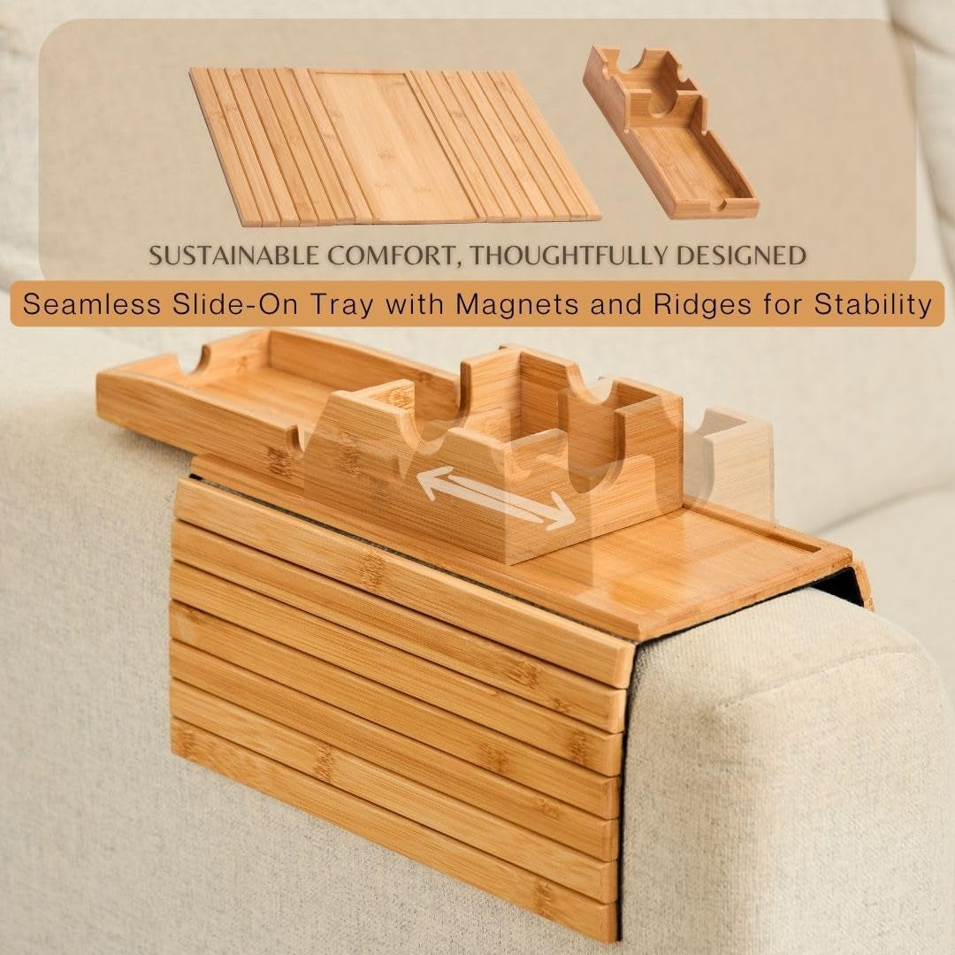 Stylish Bamboo Sofa Arm Table with Versatile Removable Tray and Convenient Cup Holder