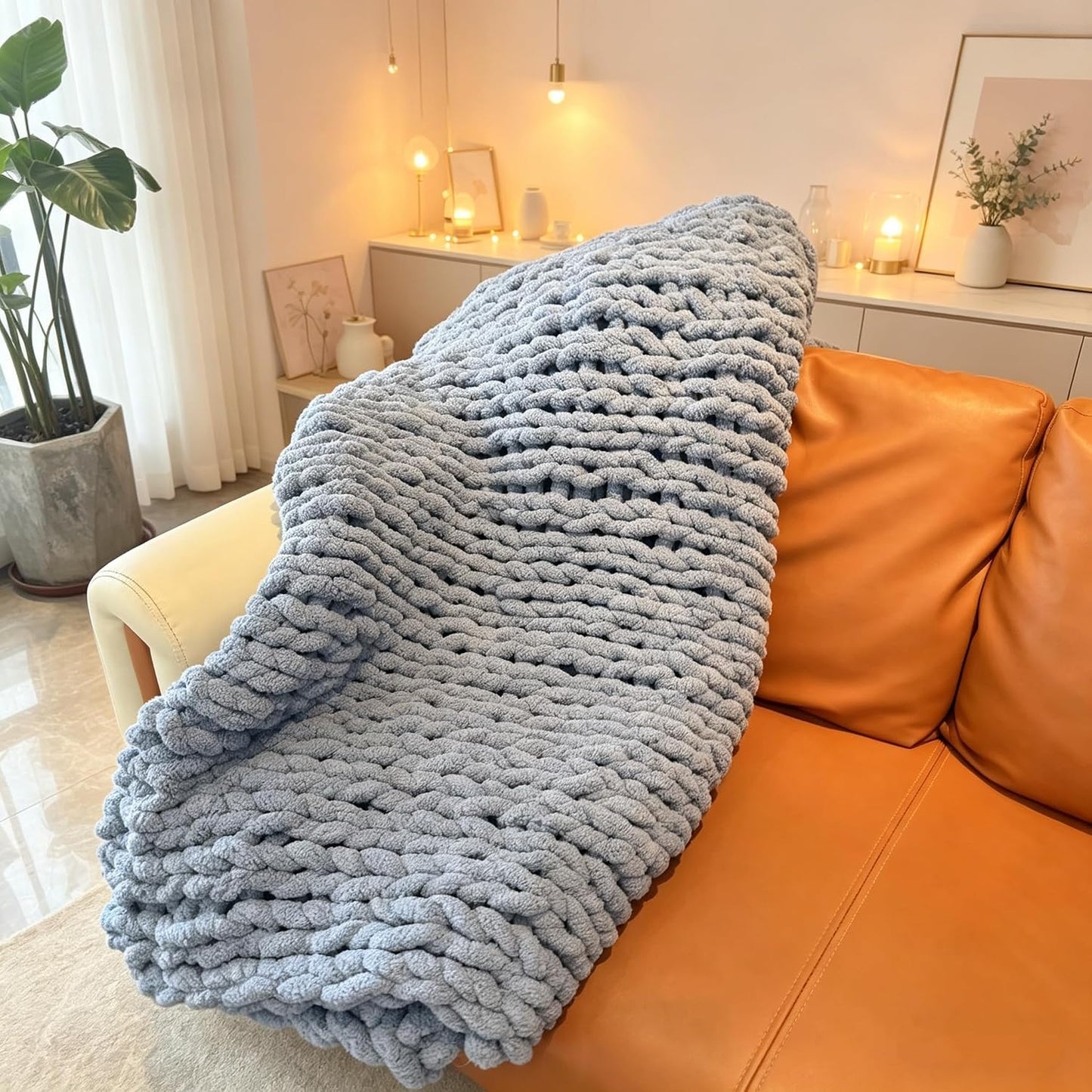 Luxurious Airy Blue Chunky Knit Throw Blanket - Cozy Handcrafted Chenille Decor for Home, Perfect for Couch, Chair, and Bed