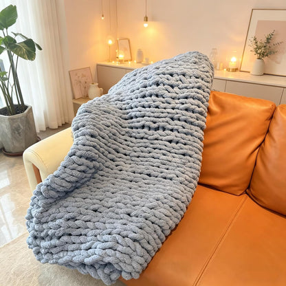 Luxurious Airy Blue Chunky Knit Throw Blanket - Cozy Handcrafted Chenille Decor for Home, Perfect for Couch, Chair, and Bed