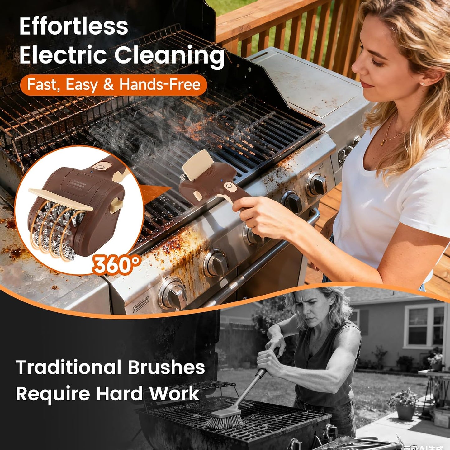 Electric Grill Brush, Cordless Rechargeable BBQ Cleaner with 700 RPM Power | Stainless Steel Mesh Head with Detachable, Dishwasher-Safe Scrubber for Outdoor Barbecue Grill Cleaning
