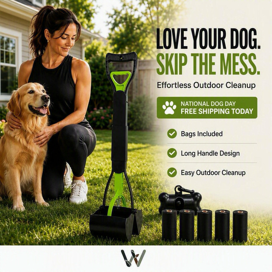 Effortless Outdoor Cleanup with Our Heavy-Duty Manual Plastic Dog Waste Scooper – Long Handle & Portable Bag Box Included
