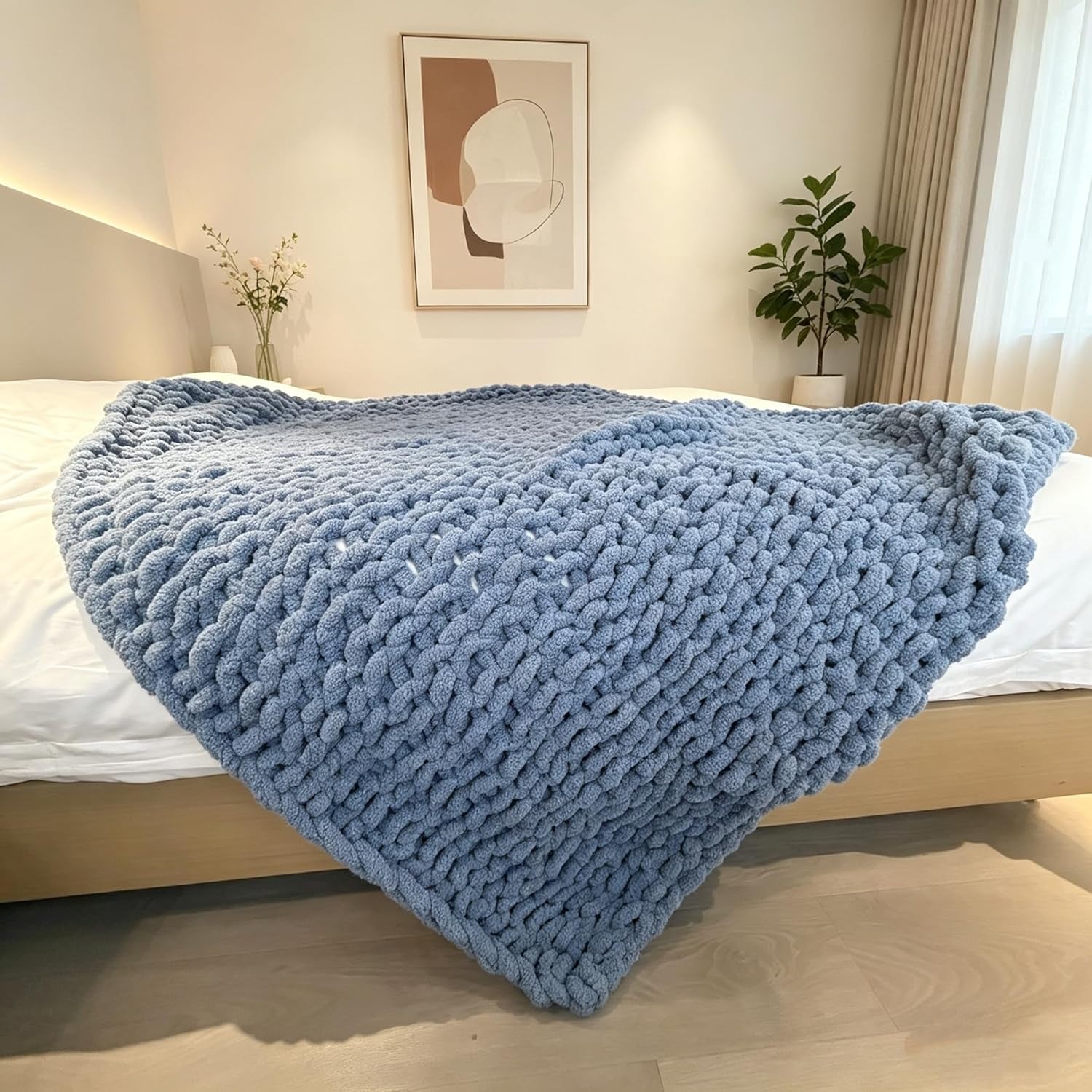 Luxurious Airy Blue Chunky Knit Throw Blanket - Cozy Handcrafted Chenille Decor for Home, Perfect for Couch, Chair, and Bed