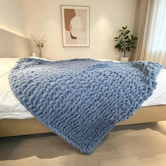 Luxurious Airy Blue Chunky Knit Throw Blanket - Cozy Handcrafted Chenille Decor for Home, Perfect for Couch, Chair, and Bed