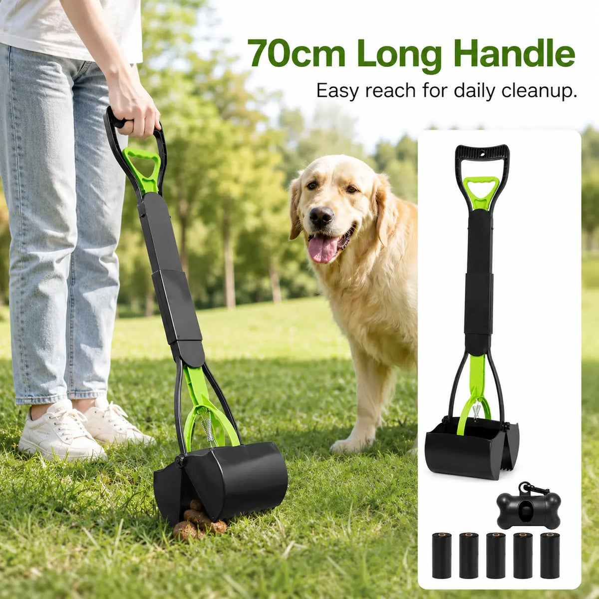 Effortless Outdoor Cleanup with Our Heavy-Duty Manual Plastic Dog Waste Scooper – Long Handle & Portable Bag Box Included