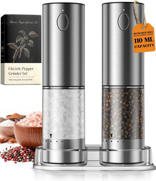 Elevate Your Cooking with the Rechargeable Automatic Electric Salt and Pepper Grinder Set - Adjustable Coarseness & Sleek Stainless Steel Design