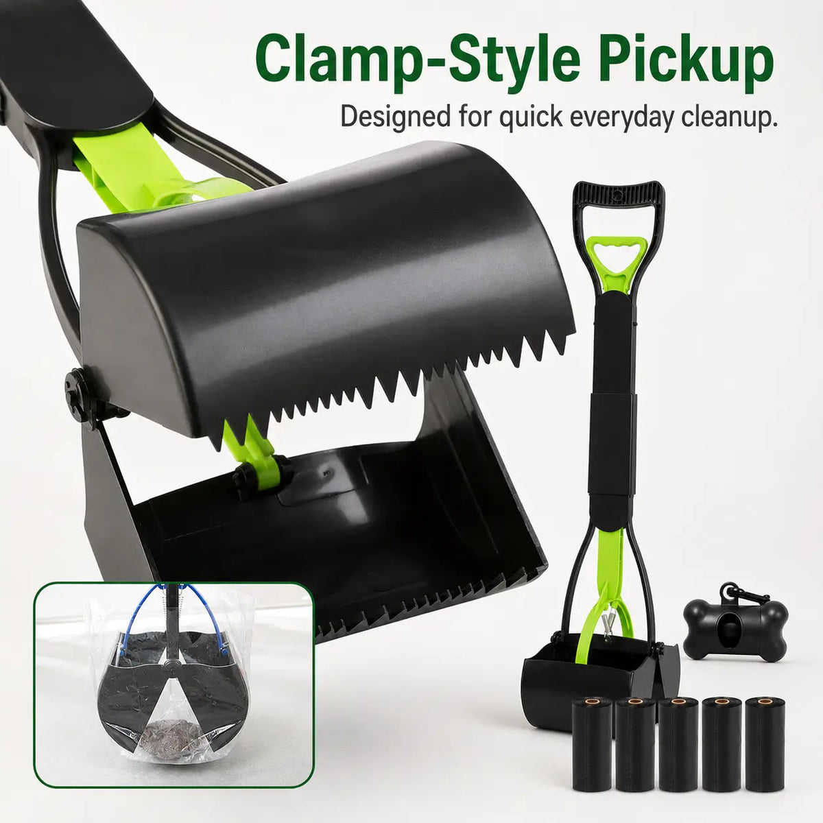 Effortless Outdoor Cleanup with Our Heavy-Duty Manual Plastic Dog Waste Scooper – Long Handle & Portable Bag Box Included