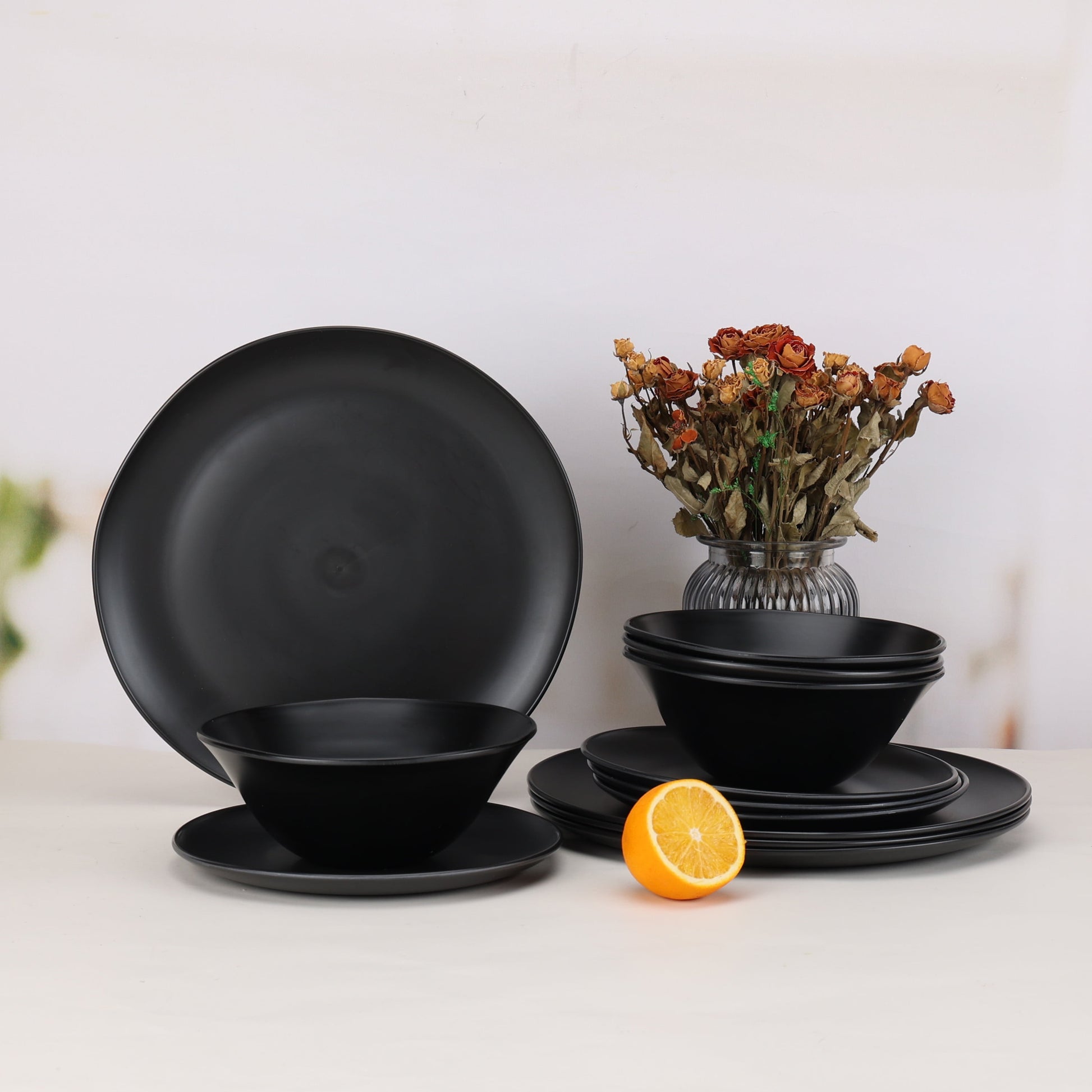 Black 12-Piece Eco-Friendly Recycled Plastic Dinnerware Set