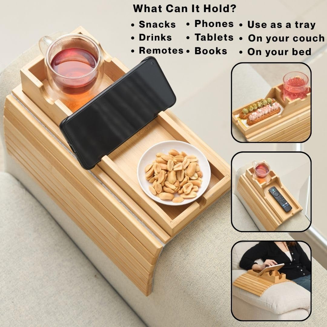 Stylish Bamboo Sofa Arm Table with Versatile Removable Tray and Convenient Cup Holder