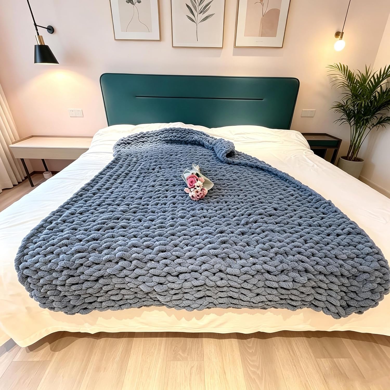 Luxurious Airy Blue Chunky Knit Throw Blanket - Cozy Handcrafted Chenille Decor for Home, Perfect for Couch, Chair, and Bed