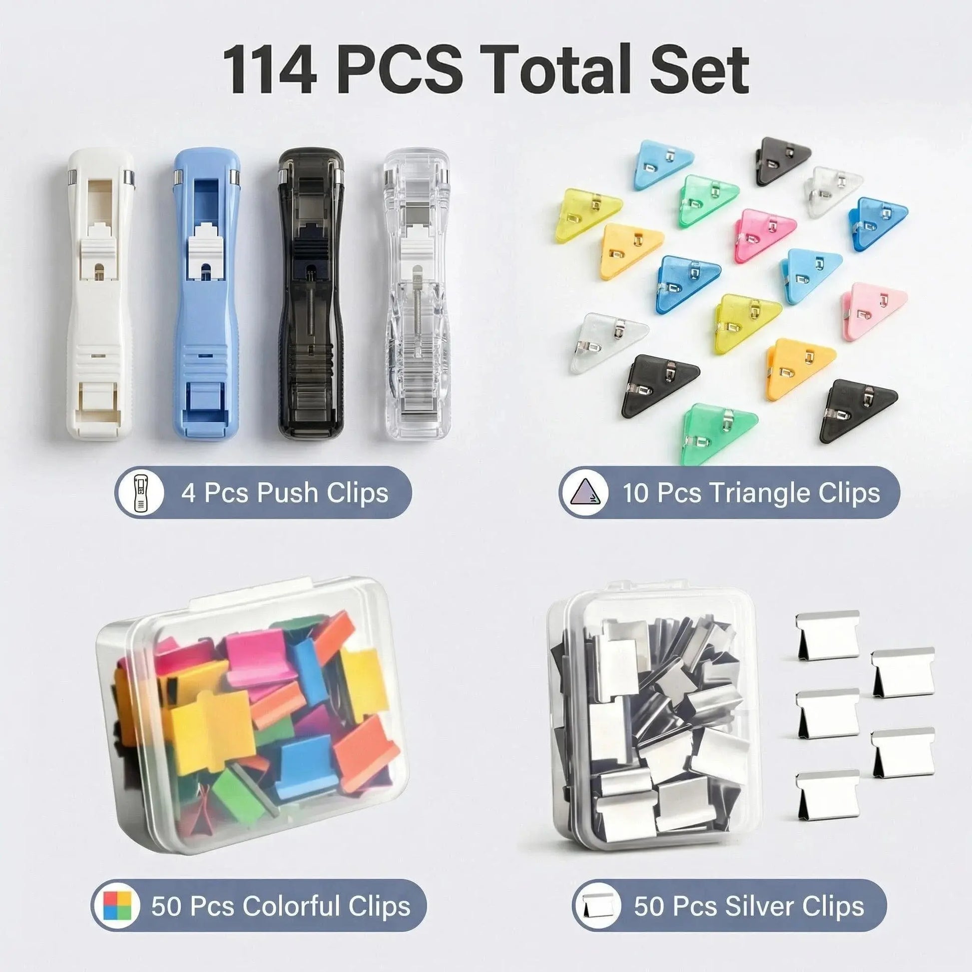 Ultimate Zipclip Set: 4 Zipclips, 50 Colorful Clips, 50 Silver Clips & 10 Triangle Clips - Perfect for Back to School Organization!