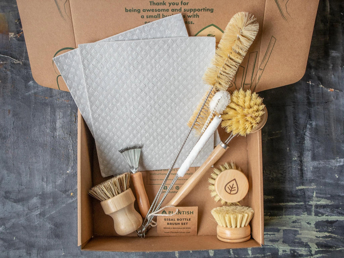 Zero Waste Kitchen Brush Set | Best Value Cleaning Tool Kit | Dish Soap Bar | Plastic-Free & Eco-Friendly Products | Gift for Mom | Plantish