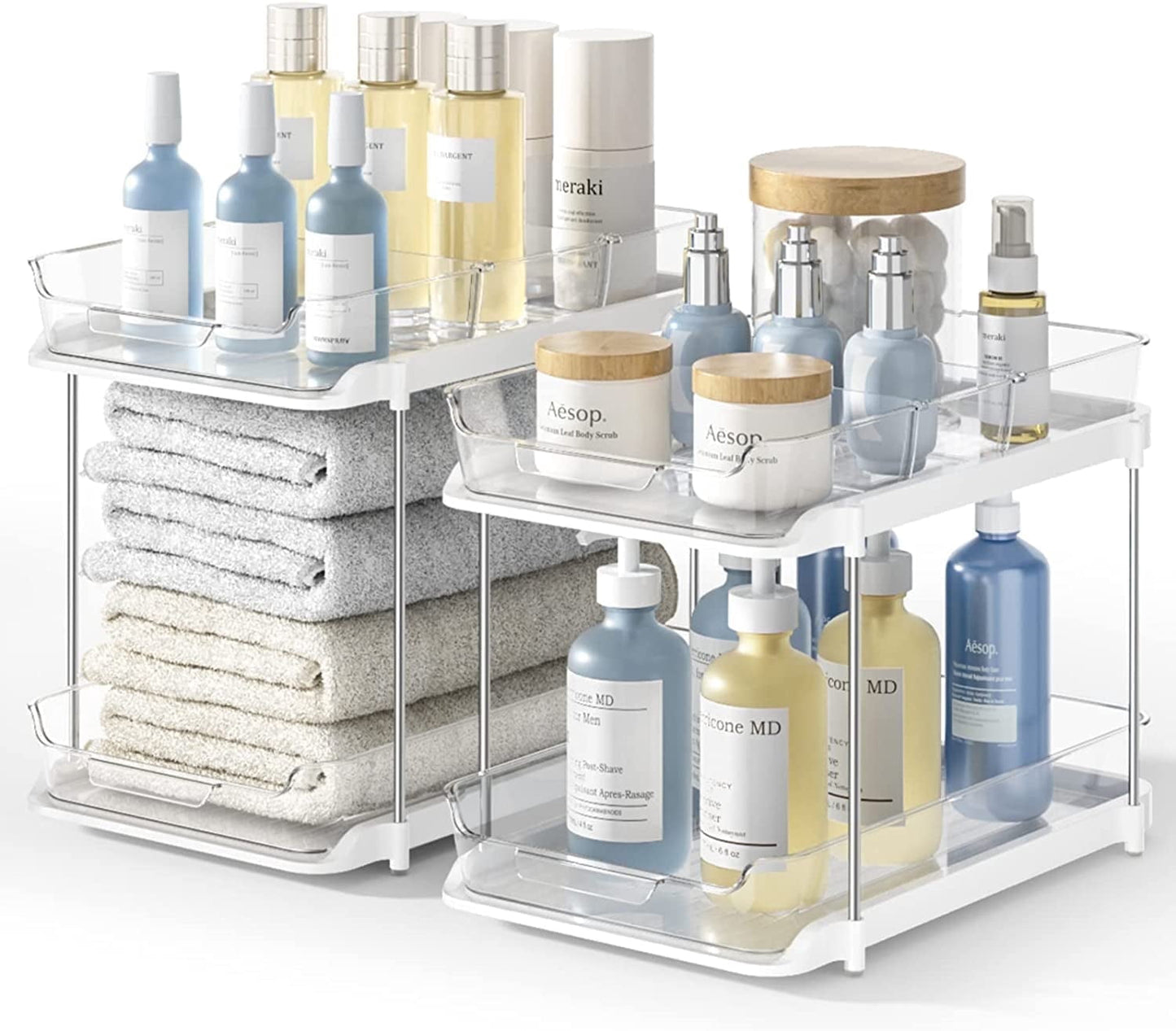 Maximize Your Space with the 2 Pack Under Sink Organizers - 2 Tier Sliding Storage Solution for Kitchen and Bathroom