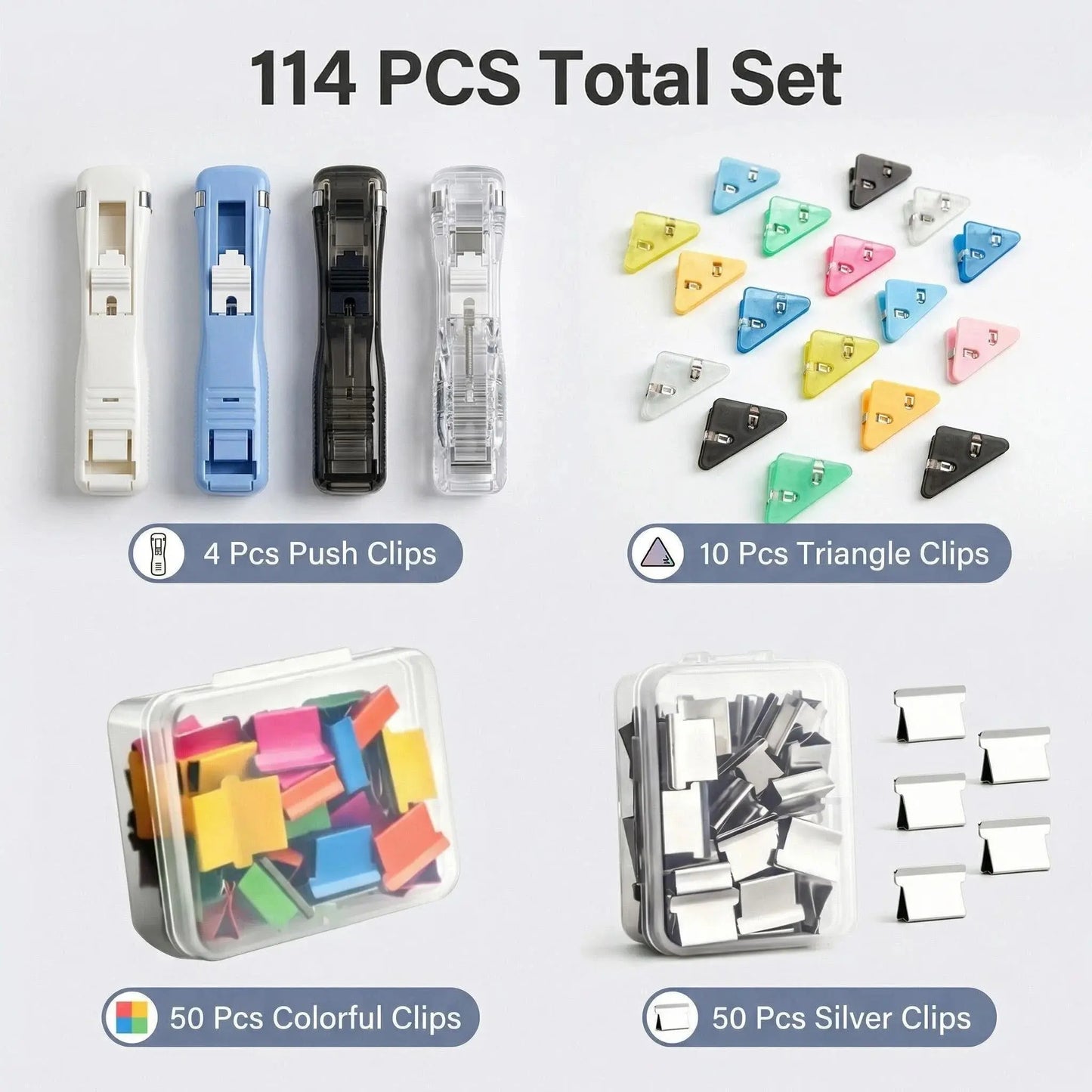 Ultimate Zipclip Set: 4 Zipclips, 50 Colorful Clips, 50 Silver Clips & 10 Triangle Clips - Perfect for Back to School Organization!