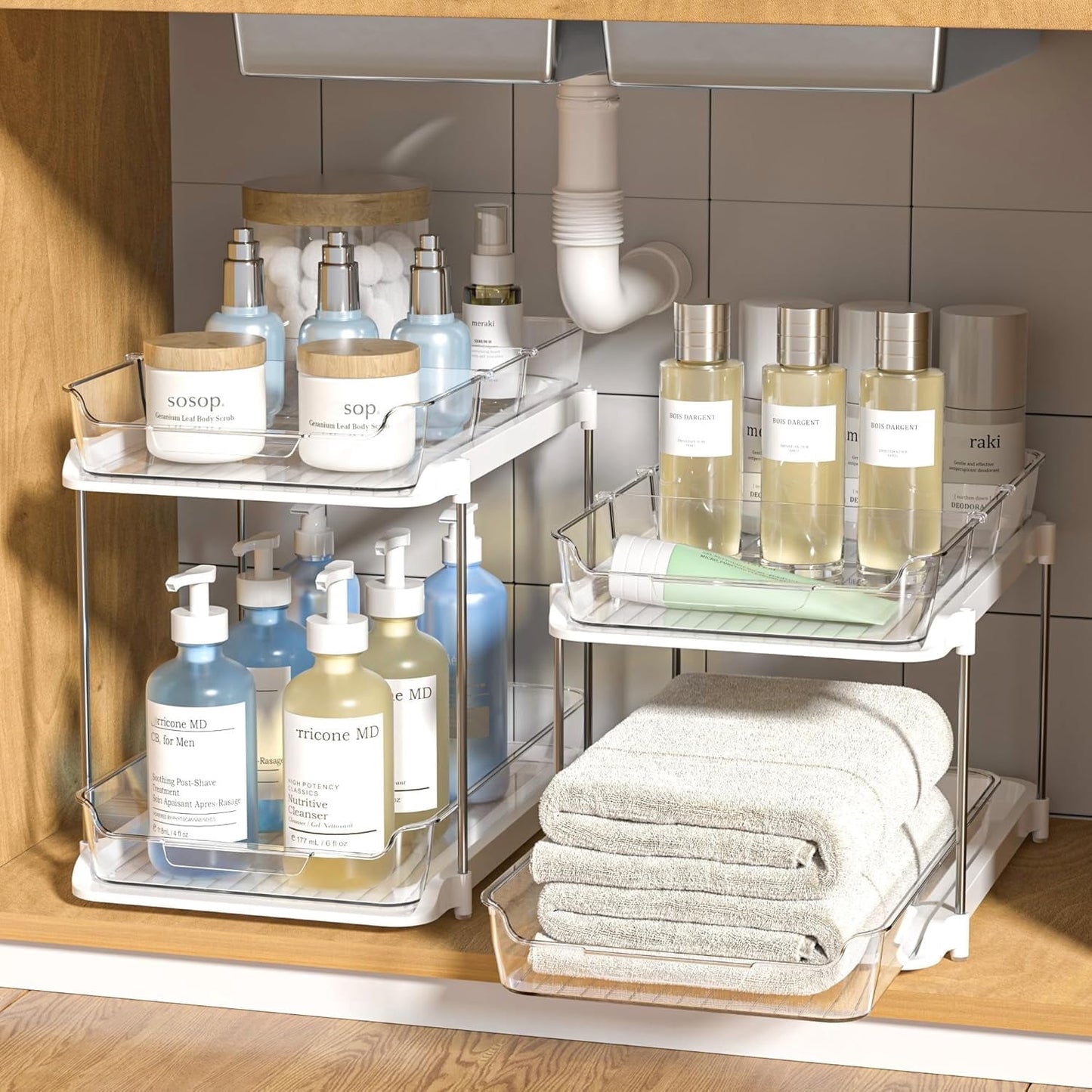 Maximize Your Space with the 2 Pack Under Sink Organizers - 2 Tier Sliding Storage Solution for Kitchen and Bathroom