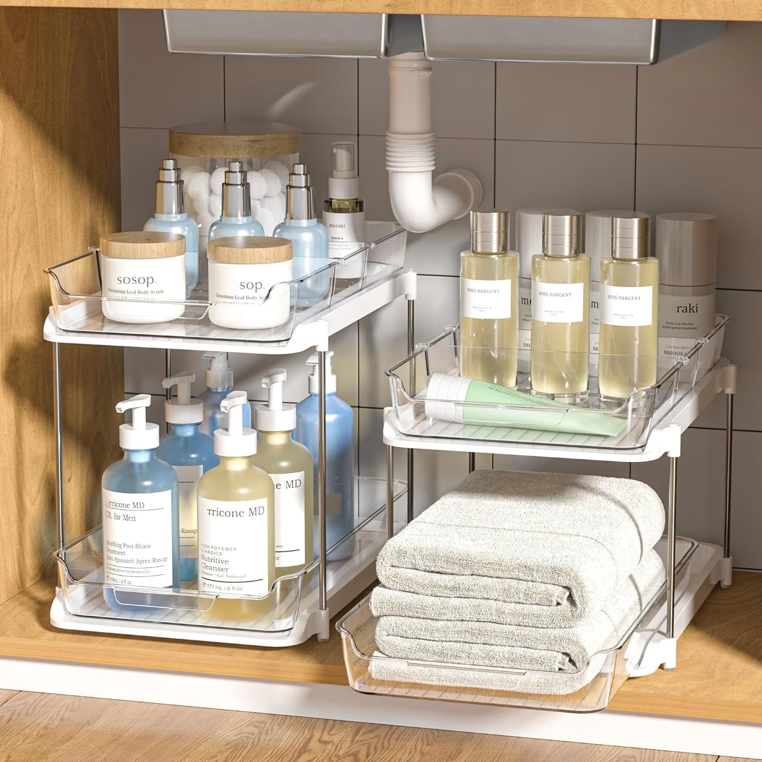 Maximize Your Space with the 2 Pack Under Sink Organizers - 2 Tier Sliding Storage Solution for Kitchen and Bathroom