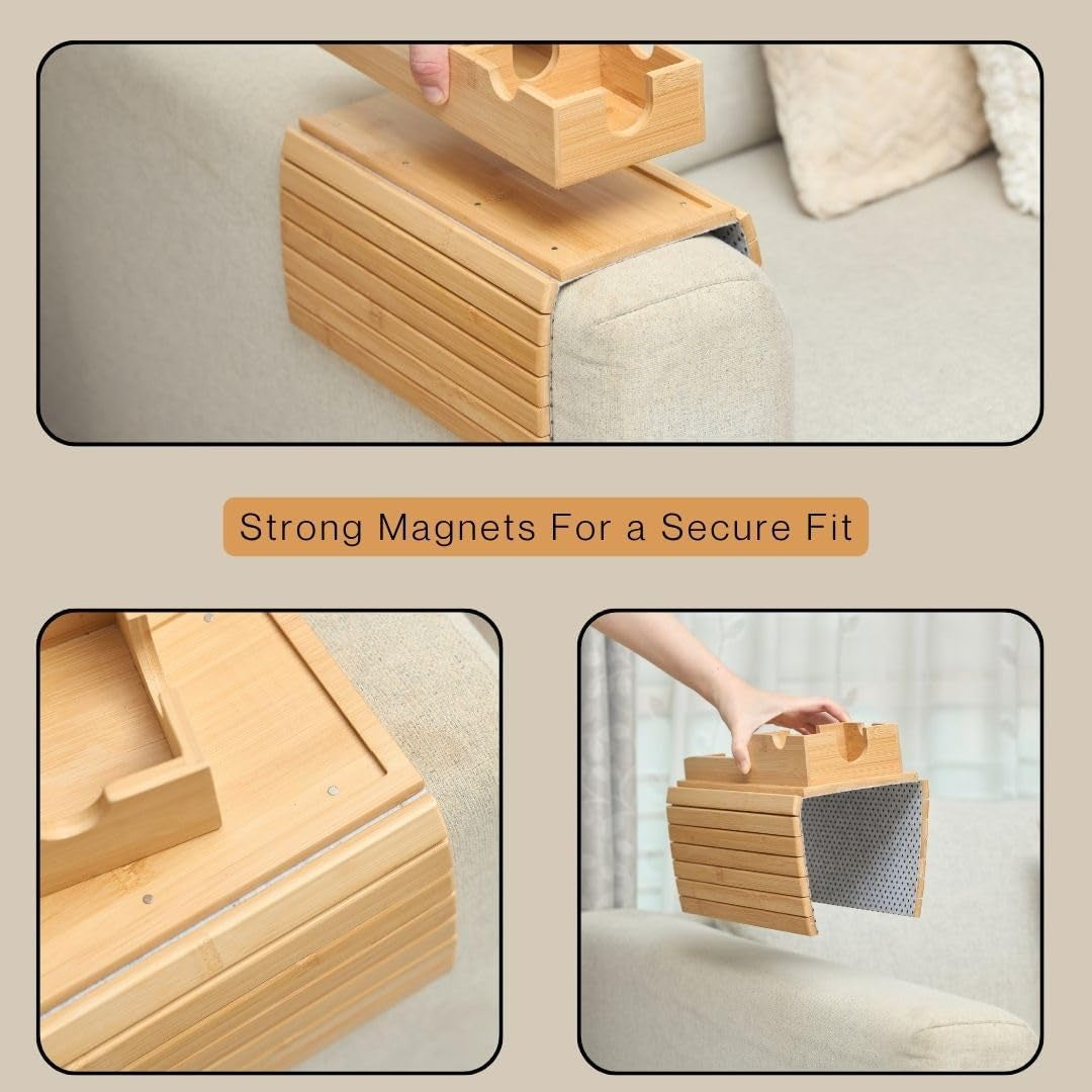 Stylish Bamboo Sofa Arm Table with Versatile Removable Tray and Convenient Cup Holder