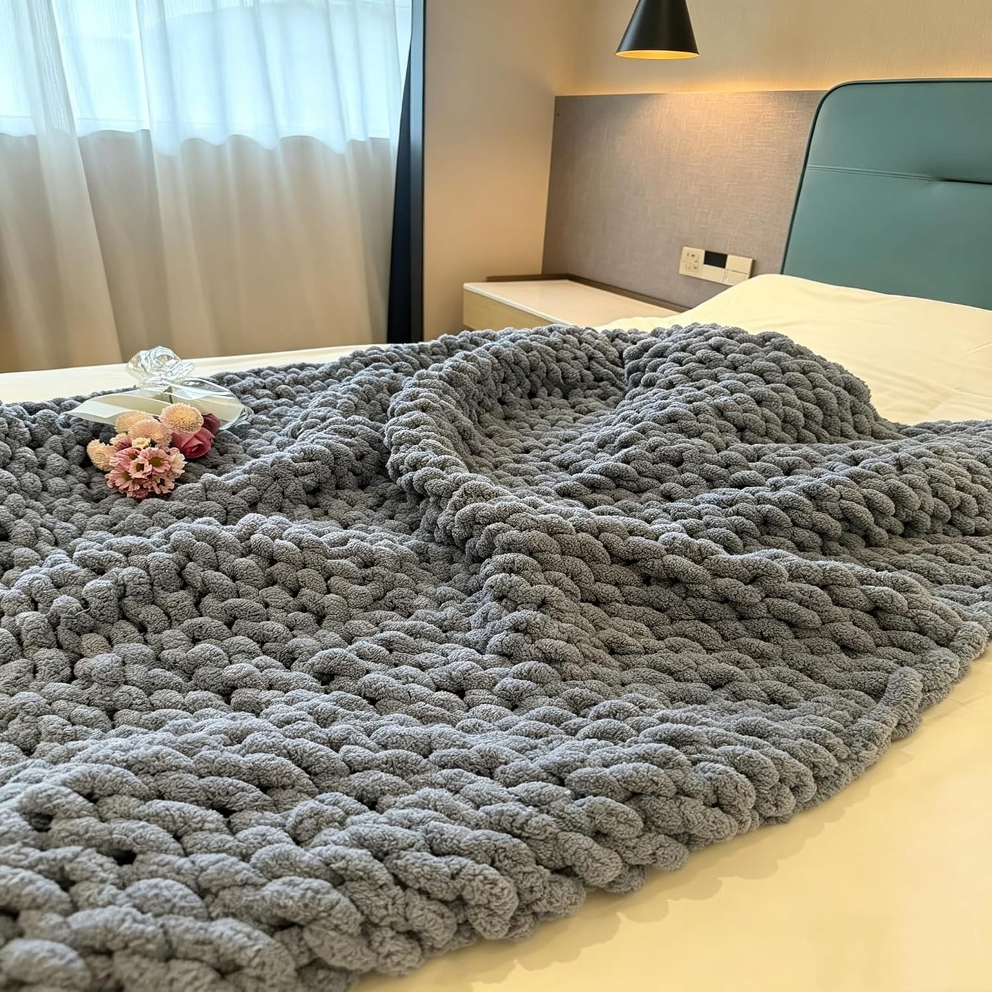 Luxurious Airy Blue Chunky Knit Throw Blanket - Cozy Handcrafted Chenille Decor for Home, Perfect for Couch, Chair, and Bed