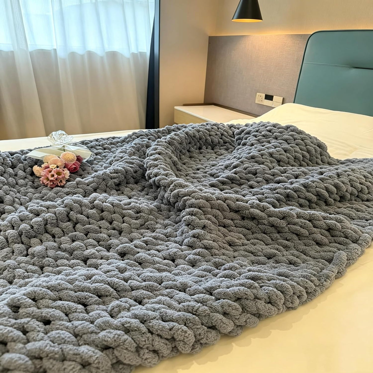 Luxurious Airy Blue Chunky Knit Throw Blanket - Cozy Handcrafted Chenille Decor for Home, Perfect for Couch, Chair, and Bed