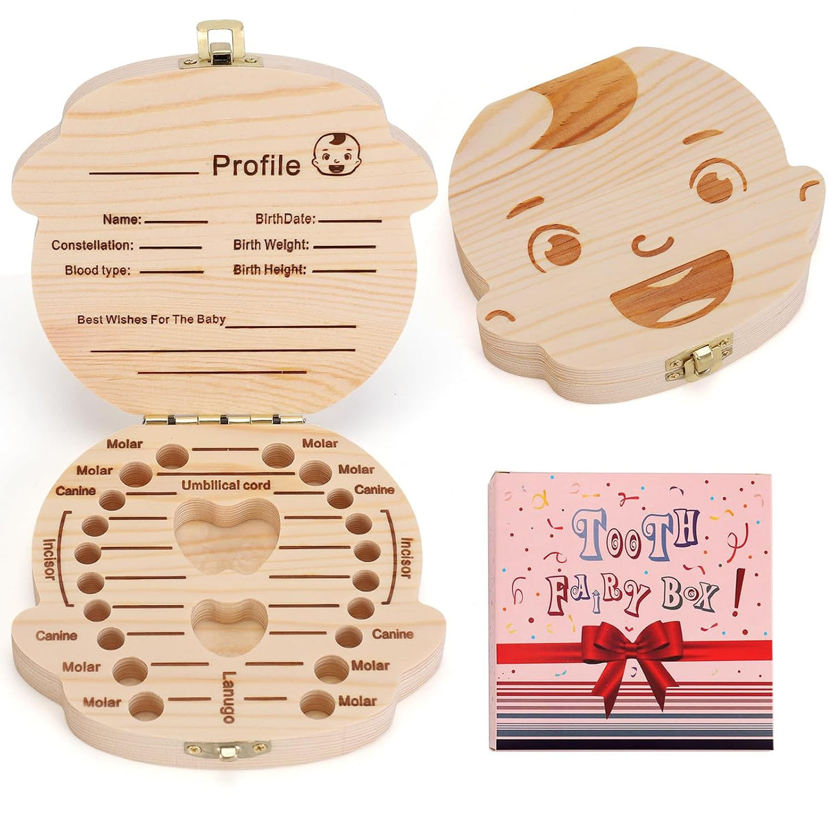 Wooden Baby Tooth Keepsake Box - Children's Tooth Organizer with Tweezers for Cherished Memories (Boy)