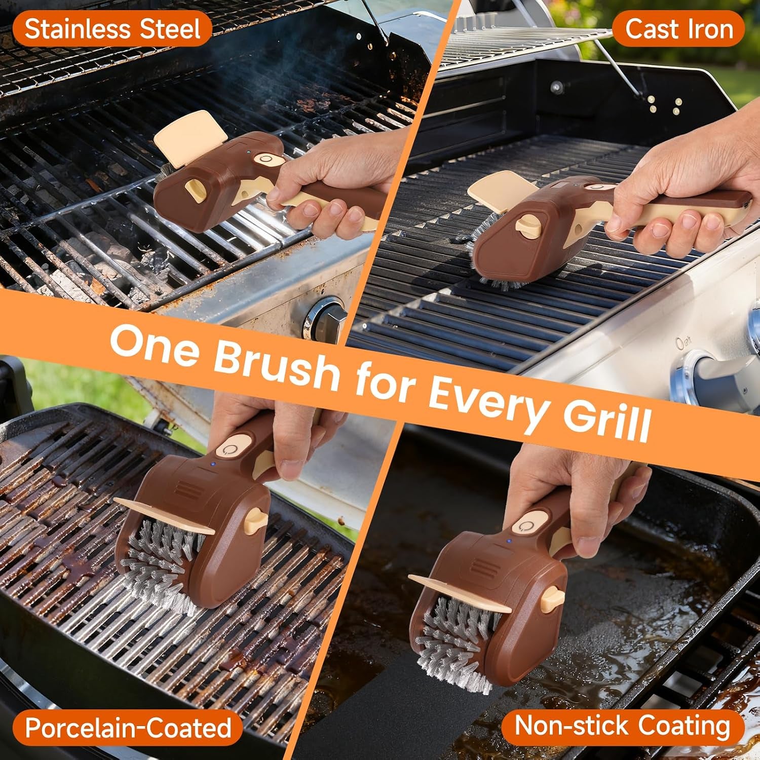 Electric Grill Brush, Cordless Rechargeable BBQ Cleaner with 700 RPM Power | Stainless Steel Mesh Head with Detachable, Dishwasher-Safe Scrubber for Outdoor Barbecue Grill Cleaning