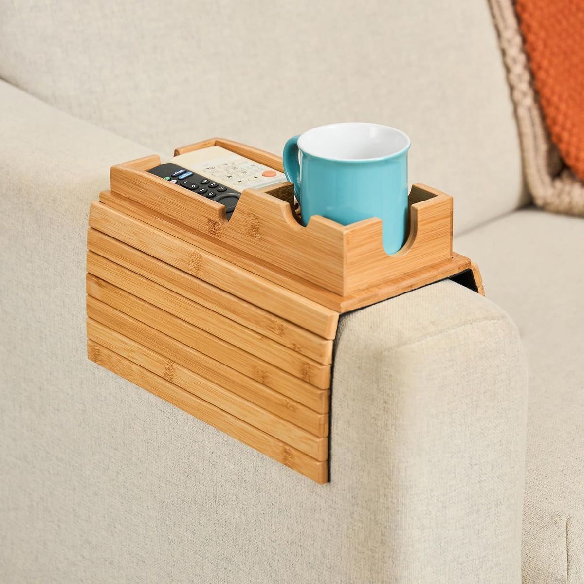 Stylish Bamboo Sofa Arm Table with Versatile Removable Tray and Convenient Cup Holder