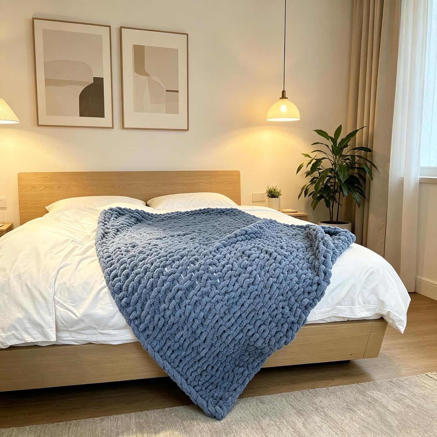 Luxurious Airy Blue Chunky Knit Throw Blanket - Cozy Handcrafted Chenille Decor for Home, Perfect for Couch, Chair, and Bed