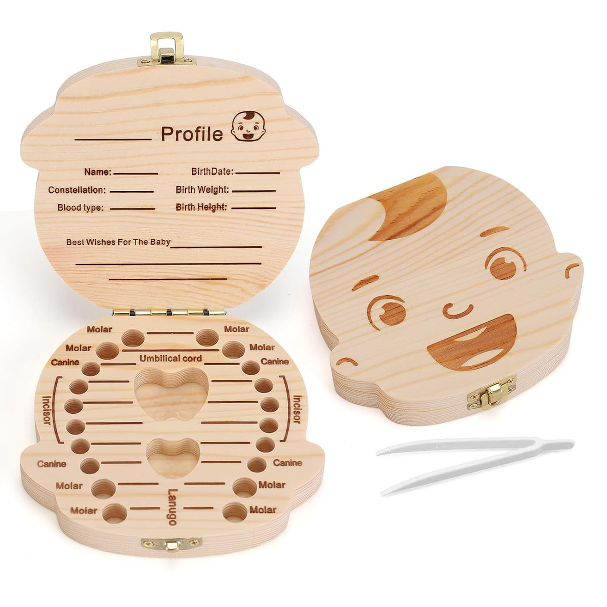 Wooden Baby Tooth Keepsake Box - Children's Tooth Organizer with Tweezers for Cherished Memories (Boy)